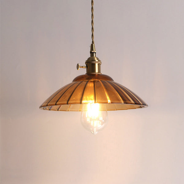 1-Light Vintage Ribbed Glass Brass Dome Pendant Light - Yiilighting