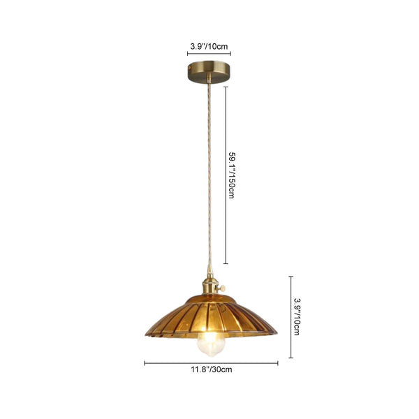 1-Light Vintage Ribbed Glass Brass Dome Pendant Light - Yiilighting