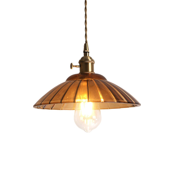 1-Light Vintage Ribbed Glass Brass Dome Pendant Light - Yiilighting