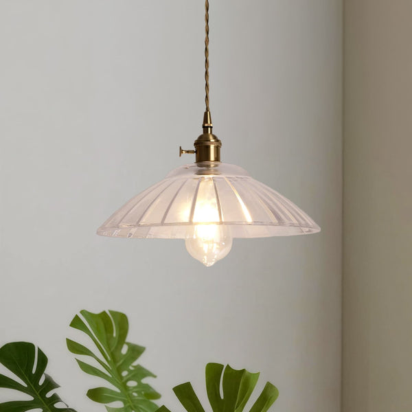 1-Light Vintage Ribbed Glass Brass Dome Pendant Light - Yiilighting