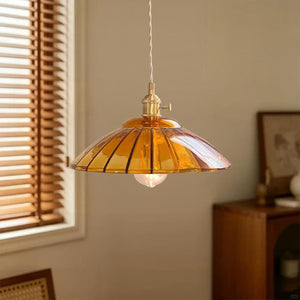 1-Light Vintage Ribbed Glass Brass Dome Pendant Light - Yiilighting