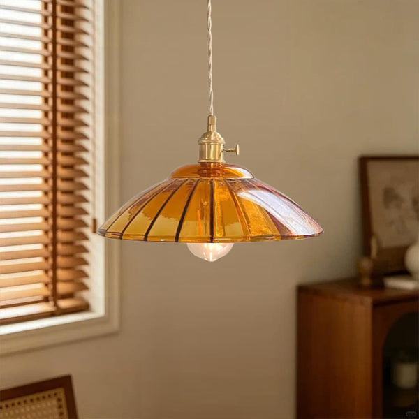 1-Light Vintage Ribbed Glass Brass Dome Pendant Light - Yiilighting