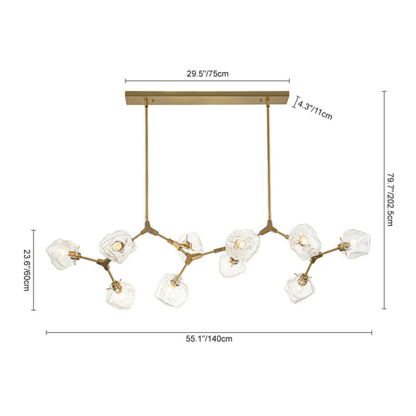 Indulge in the captivating allure of our Glam Modern Branching Ice Glass Shade Chandelier, an embodiment of modern elegance that enhances any space with its striking branching design. Meticulously crafted from sleek metal in a polished brass finish, this fixture features an ice-style glass design with branching arms that gracefully fan outward in multiple directions.