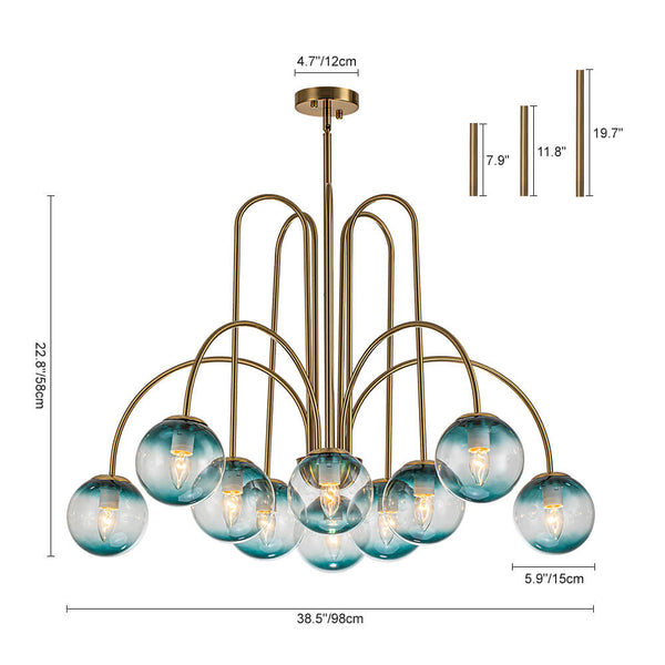 10 - Light Glam Brass Gradient Blue Glass Globe Bubble Chandelier - Yiilighting