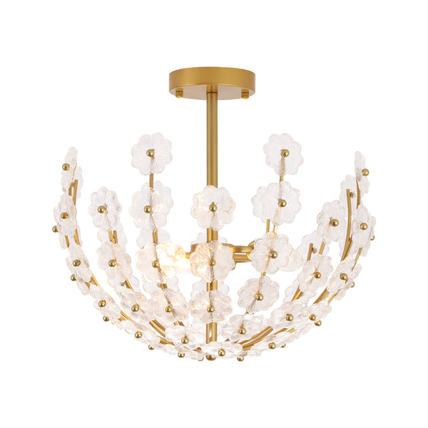 3-Light French Gold Floral Semi Flush Mount Light with Glass Flowers