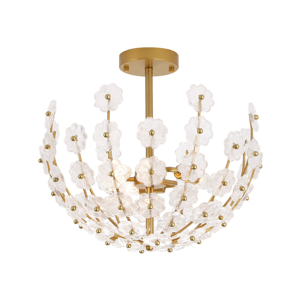 3-Light French Gold Floral Semi Flush Mount Light with Glass Flowers