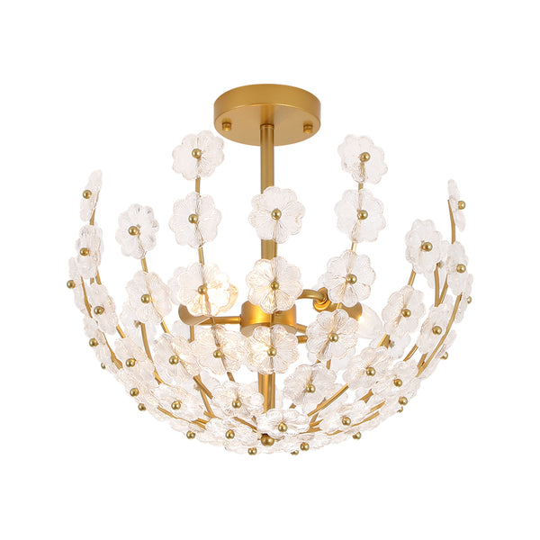 3-Light French Gold Floral Semi Flush Mount Light with Glass Flowers