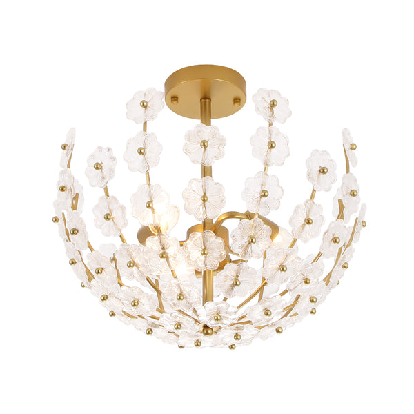 3-Light French Gold Floral Semi Flush Mount Light with Glass Flowers
