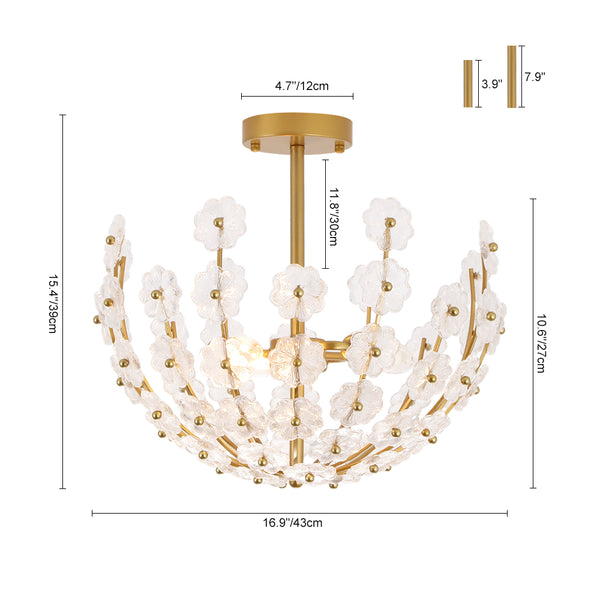 3-Light French Gold Floral Semi Flush Mount Light with Glass Flowers
