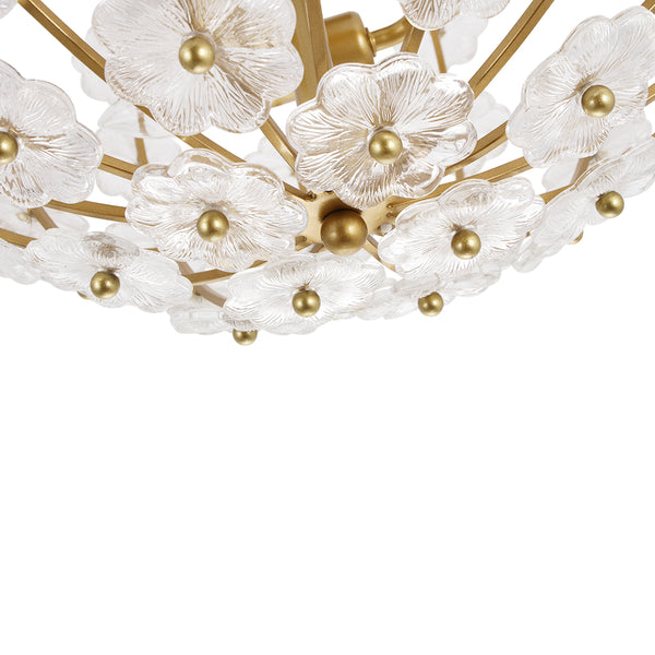 3-Light French Gold Floral Semi Flush Mount Light with Glass Flowers