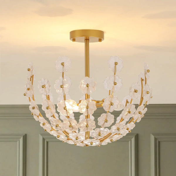 3-Light French Gold Floral Semi Flush Mount Light with Glass Flowers