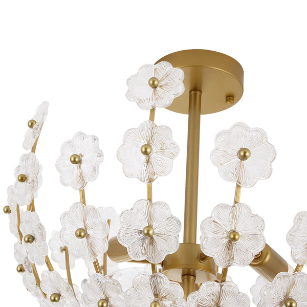 3-Light French Gold Floral Semi Flush Mount Light with Glass Flowers