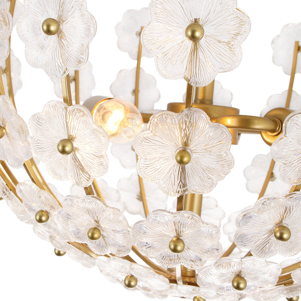 3-Light French Gold Floral Semi Flush Mount Light with Glass Flowers