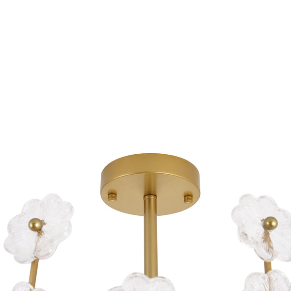 3-Light French Gold Floral Semi Flush Mount Light with Glass Flowers