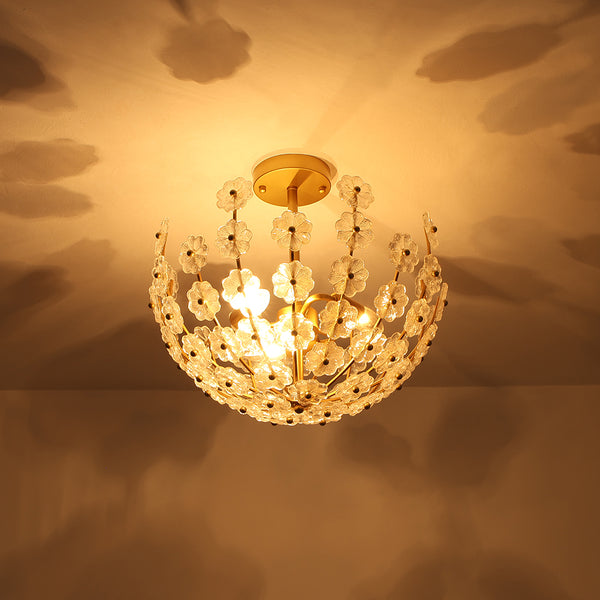 3-Light French Gold Floral Semi Flush Mount Light with Glass Flowers