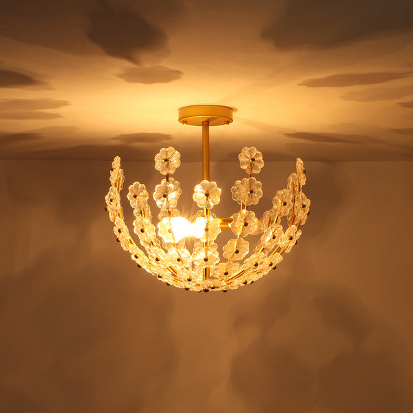 3-Light French Gold Floral Semi Flush Mount Light with Glass Flowers