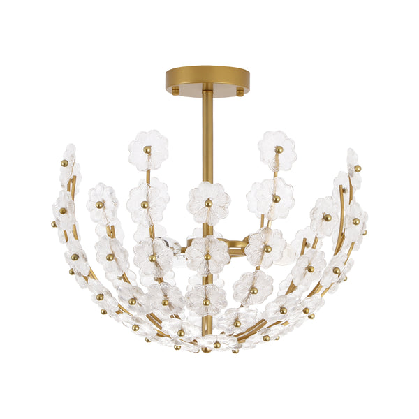 3-Light French Gold Floral Semi Flush Mount Light with Glass Flowers
