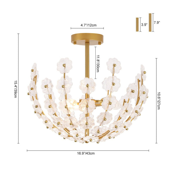 3-Light French Gold Floral Semi Flush Mount Light with Glass Flowers - Yiilighting