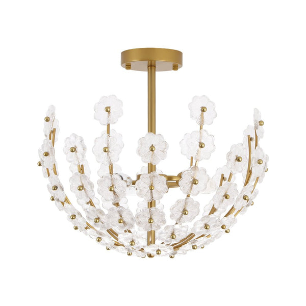 3-Light French Gold Floral Semi Flush Mount Light with Glass Flowers - Yiilighting