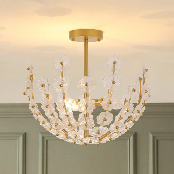 3-Light French Gold Floral Semi Flush Mount Light with Glass Flowers - Yiilighting
