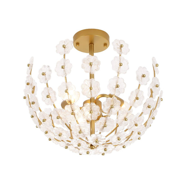 3-Light French Gold Floral Semi Flush Mount Light with Glass Flowers - Yiilighting