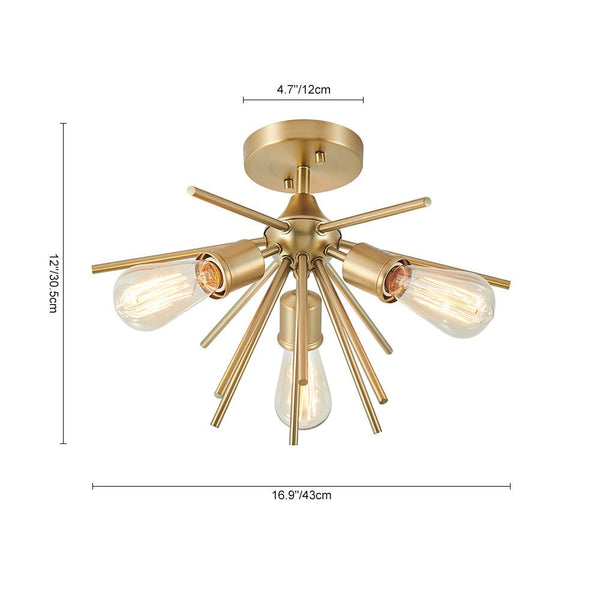 3 - Light Mid Century Modern Gold Sputnik Semi Flush Mount - Yiilighting