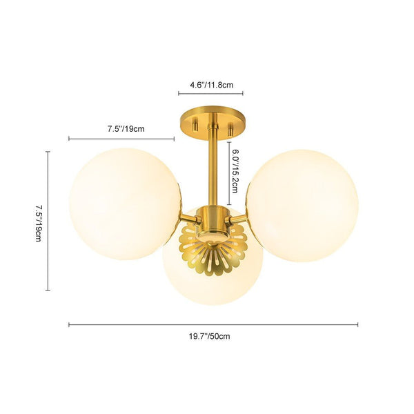 3 - Light Opal Glass Brass Semi Flush Mount Light - Yiilighting