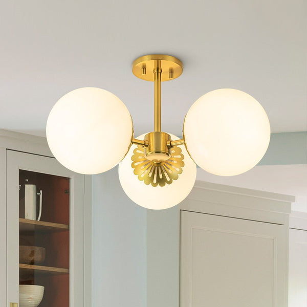 3 - Light Opal Glass Brass Semi Flush Mount Light - Yiilighting