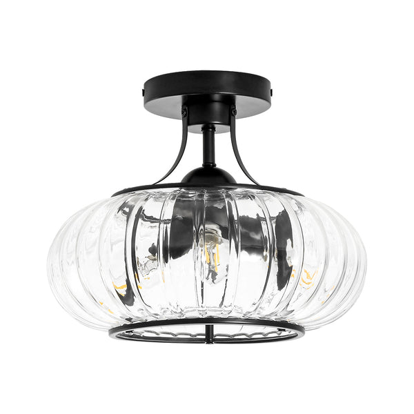 3-Light Ribbed Pumpkin Clear Glass Semi Flush Mount Ceiling Light - Yiilighting