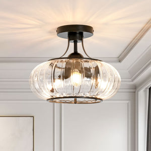 3-Light Ribbed Pumpkin Clear Glass Semi Flush Mount Ceiling Light - Yiilighting