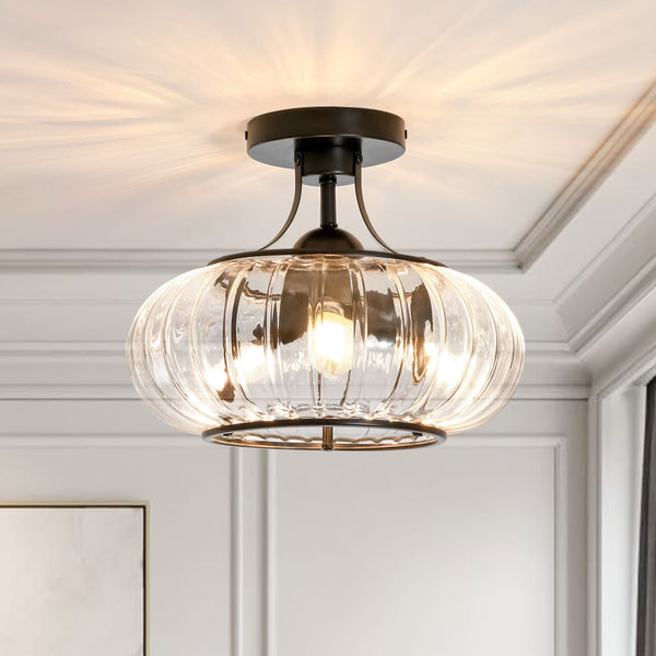 3-Light Ribbed Pumpkin Clear Glass Semi Flush Mount Ceiling Light - Yiilighting