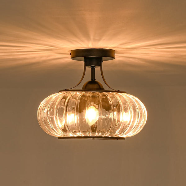 3-Light Ribbed Pumpkin Clear Glass Semi Flush Mount Ceiling Light - Yiilighting