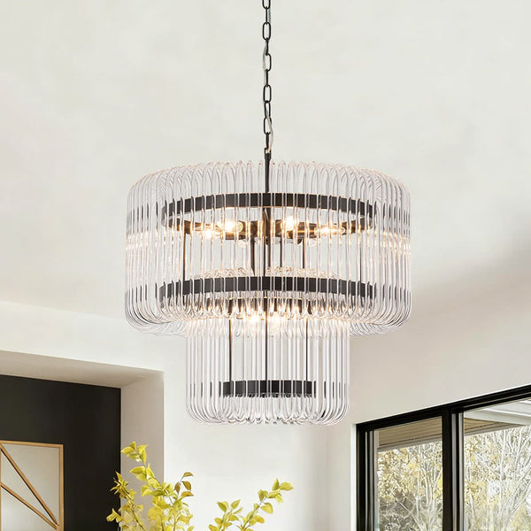 Modern Glam 9-Light Two-Tiered Glass Rod Round Chandelier