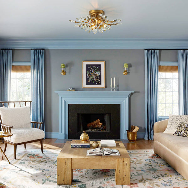 4 - Light Flower Branch Crystal Semi - Flush Mount Light - Yiilighting