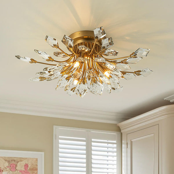 4 - Light Flower Branch Crystal Semi - Flush Mount Light - Yiilighting