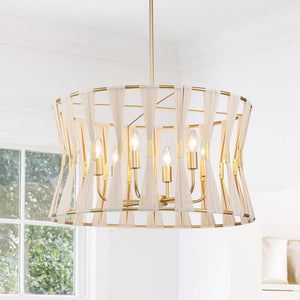 6 - Light Ivory Woven Brass Drum Chandelier - Yiilighting