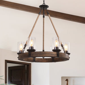 6 - Light Wooden Wagon Wheel Chandelier - Yiilighting