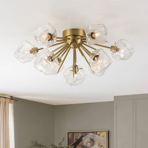 Introducing our 9-Light Modern Glam Ice Glass Semi Flush Mount Ceiling Light, designed to transform your dining room, kitchen, or living room into a space of unmatched elegance. This fixture boasts a metal hemisphere, expertly crafted with nine lamp arms and ornate stems, culminating in a captivating sunburst silhouette.