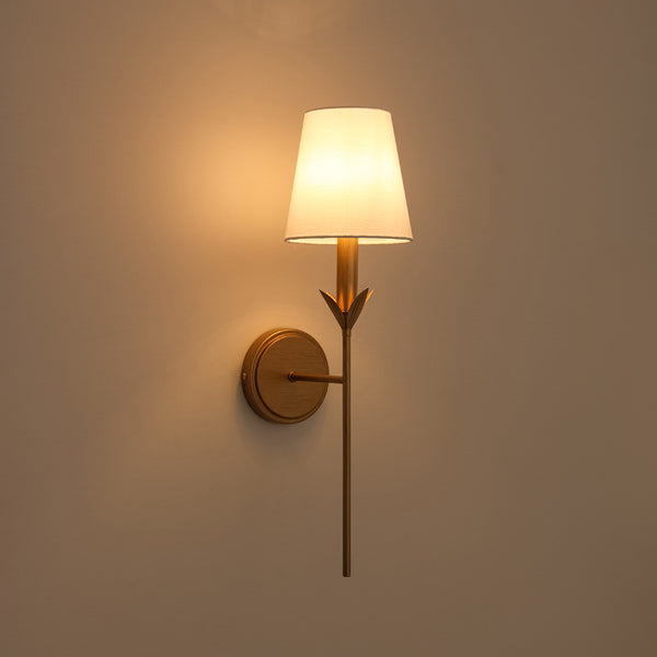 Vintage Antique Gold Leaf Stem Wall Sconce with Conical Fabric Shade