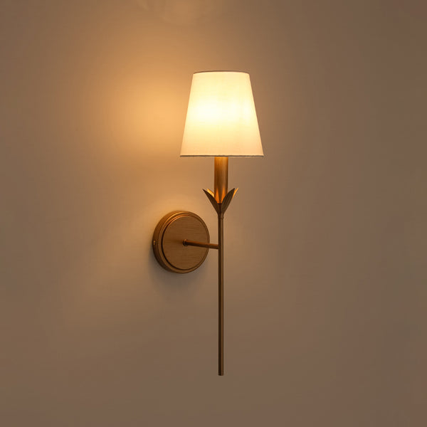 Vintage Antique Gold Leaf Stem Wall Sconce with Conical Fabric Shade