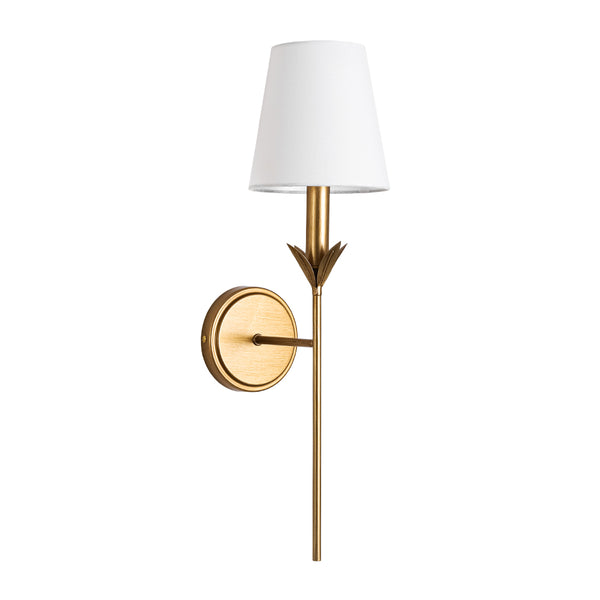 Vintage Antique Gold Leaf Stem Wall Sconce with Conical Fabric Shade