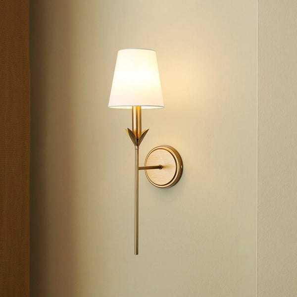 Vintage Antique Gold Leaf Stem Wall Sconce with Conical Fabric Shade