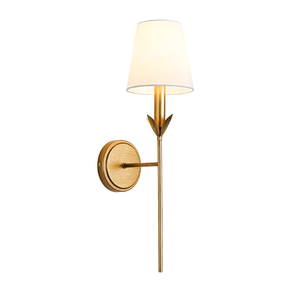 Vintage Antique Gold Leaf Stem Wall Sconce with Conical Fabric Shade
