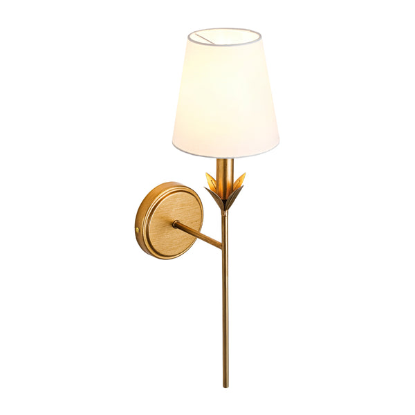 Vintage Antique Gold Leaf Stem Wall Sconce with Conical Fabric Shade