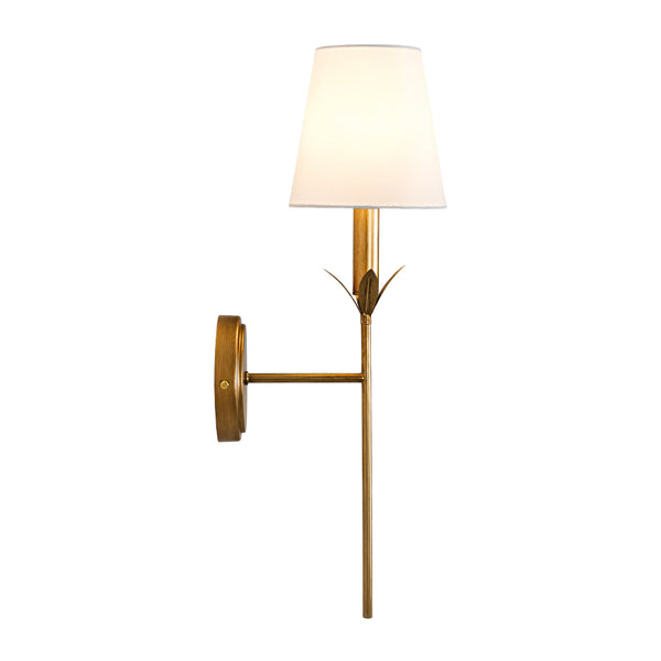 Vintage Antique Gold Leaf Stem Wall Sconce with Conical Fabric Shade