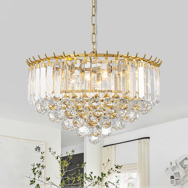 Lustre en cristal étagé rond Bauhaus à 5 lumières en laiton