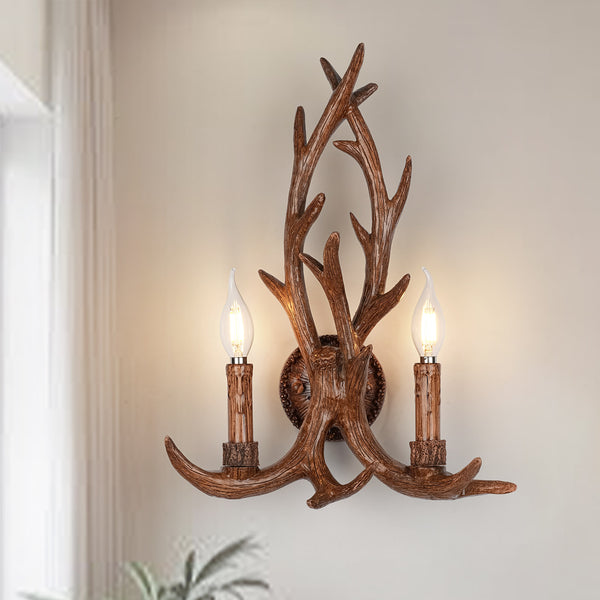 Country Rustic Deer Antler Two Candle Style Wall Sconce