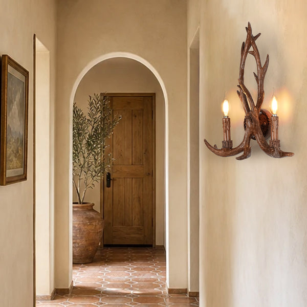 Country Rustic Deer Antler Two Candle Style Wall Sconce