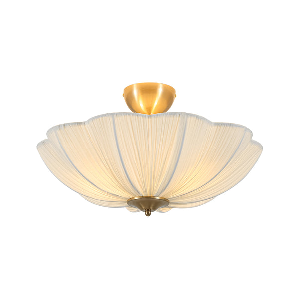 Cream 3-Light Ethereal Pleat Blooming Flower Fabric Semi-Flush Ceiling Light