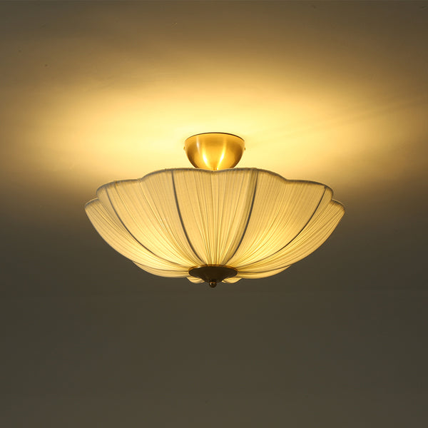 Cream 3-Light Ethereal Pleat Blooming Flower Fabric Semi-Flush Ceiling Light